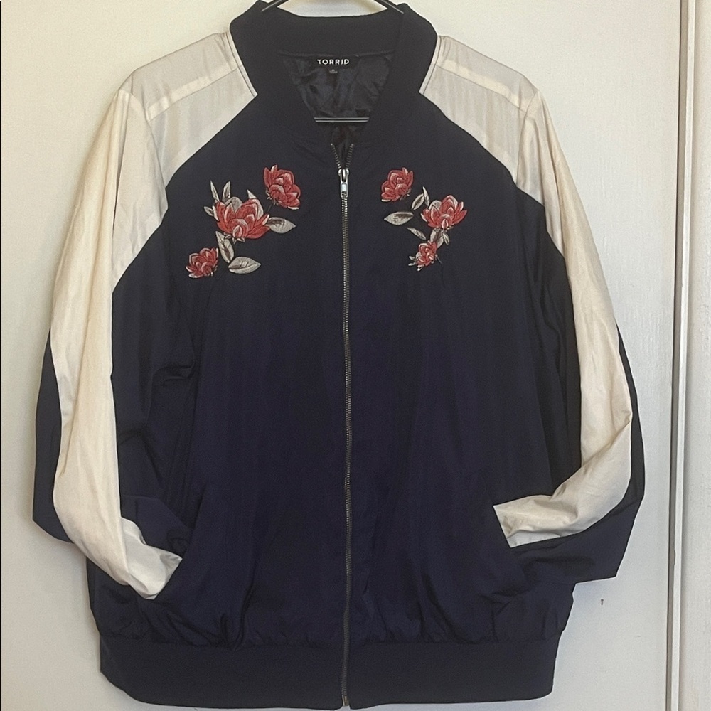 Torrid Dark Blue and Cream Floral Bomber Jacket size 2